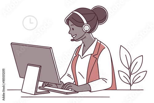 Woman in headset from call center providing customer support illustration
