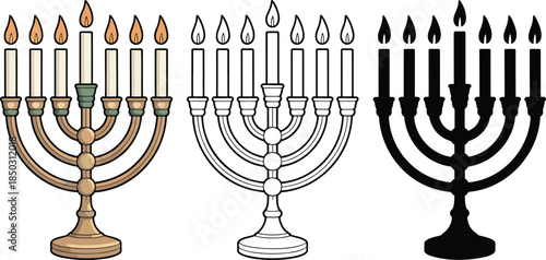 Vintage menorah with candles silhouette & Outline and illustration set isolated on transparent background