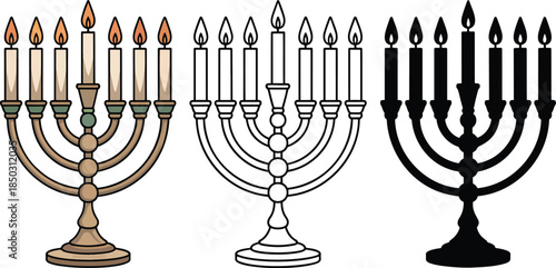 Vintage menorah with candles silhouette & Outline and illustration set isolated on transparent background