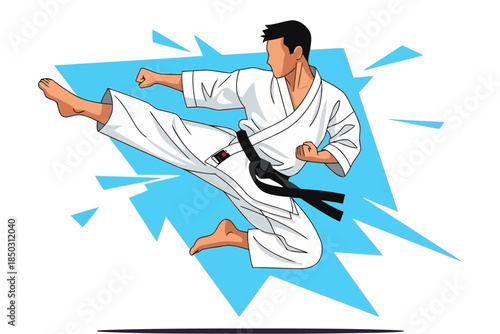 Dynamic vector illustration of karate fighters practicing martial arts in action poses, symbolizing strength and determination