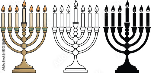Vintage menorah with candles silhouette & Outline and illustration set isolated on transparent background