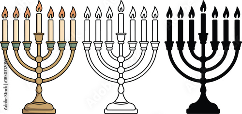 Vintage menorah with candles silhouette & Outline and illustration set isolated on transparent background