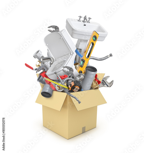 Plumbing Supplies Sale Concept with Assorted Plumbing Items in Open Cardboard Box Isolated on White