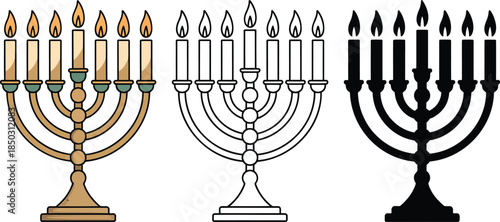 Vintage menorah with candles silhouette & Outline and illustration set isolated on transparent background