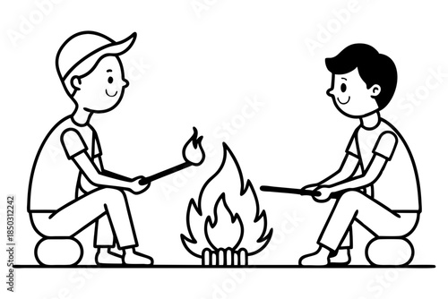 Line drawing of two boys roasting marshmallows over campfire camping illustration