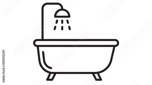 Simple black outline of a bathtub with shower on transparent background silhouette