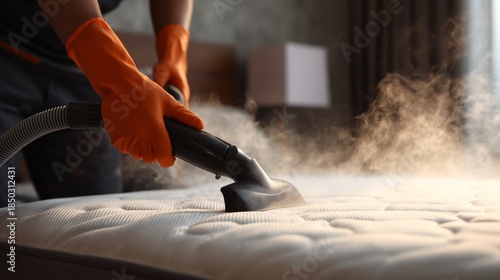 Cleaning a mattress using steam and a vacuum in a bedroom setting during daylight hours, business