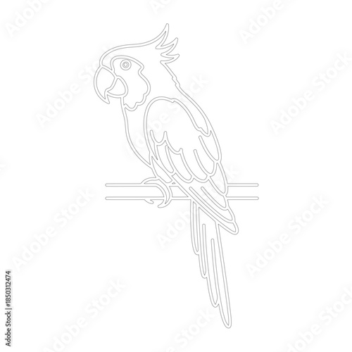 Line art illustration of a perched parrot on a branch, minimalist graphic design