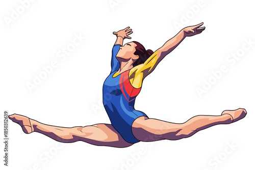 Dynamic vector illustration captures a female gymnast mid air in perfect split pose, set against stark black and white backgrounds, showcasing balance and form
