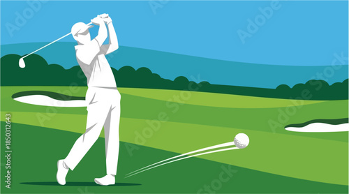Dynamic illustration of a golfer swinging on a colorful green with motion trails