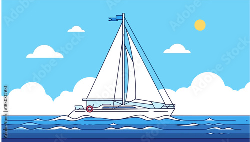 Split view illustration featuring sailboats at sunset and noon, showcasing contrasting seascapes and clean graphic design