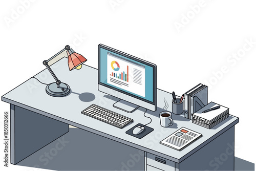Illustration of two office desks showing different business equipment and office supplies side by side