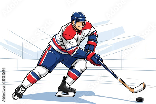 Dynamic vector illustration showing an intense hockey player in action, blending realistic rink detail with neon flair in sports art style