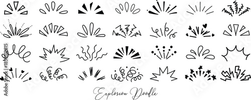 Hand Drawn Comic Doodle Explosion Frames Burst Manga Elements Outline Set. Radial Line Rays, Shine, Idea, Surprise And Exclamation Symbol In Retro Style.