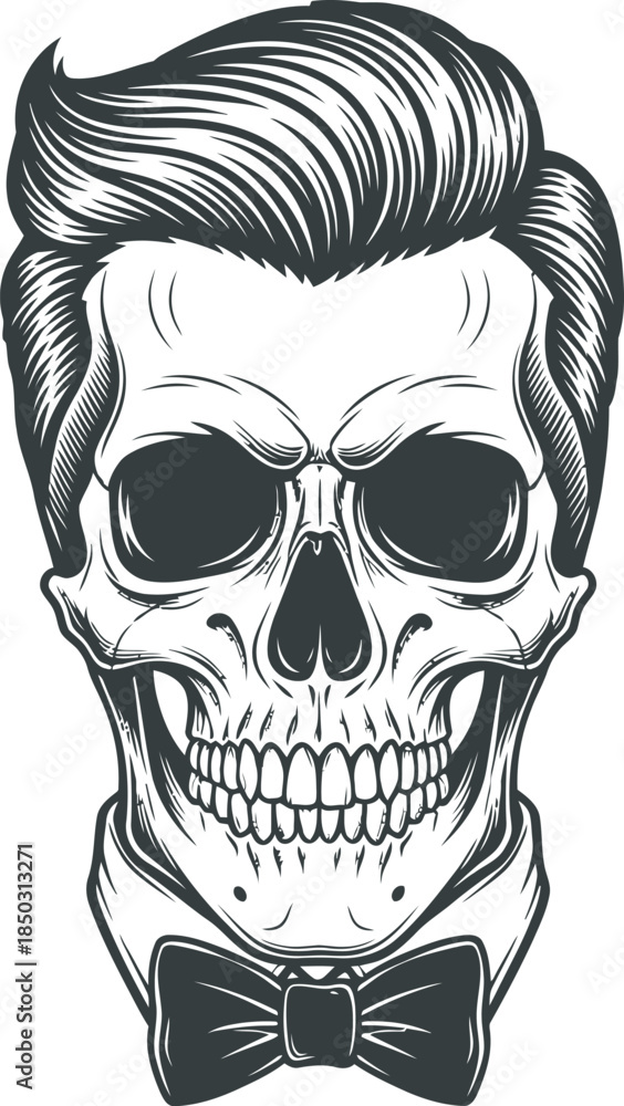 Fototapeta premium Skull with Hair and Bow Tie silhouette, vector file