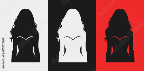 Silhouette of a woman in three contrasting color schemes