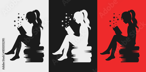 Silhouette of a woman sitting with a purse and money on three different backgrounds