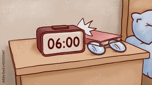 2D illustration. Cute hand-drawn alarm clock in pastel kawaii style showing 6 AM. The clock is ringing and vibrating with sound lines. Bright morning routine concept, cozy cartoon aesthetic, close-up.