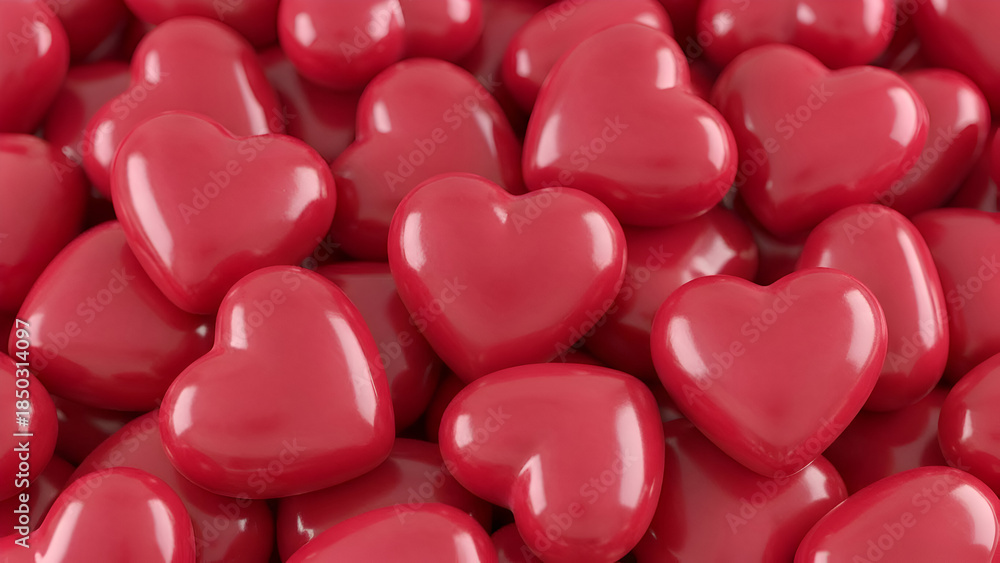 Obraz premium A large group of shiny red heart shapes on a white surface for valentines day