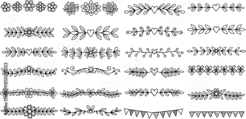 Collection of various elegant floral borders and decorative lines with hearts and leaves