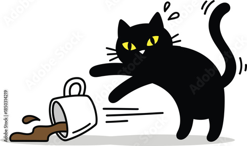 Black cat knocking over a cup of coffee
