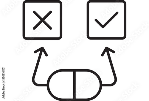 Decision making process with check and cross marks on transparent background silhouette