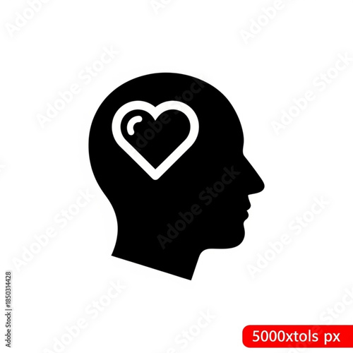 Black silhouette of a human head with a heart in the brain for love and care concepts