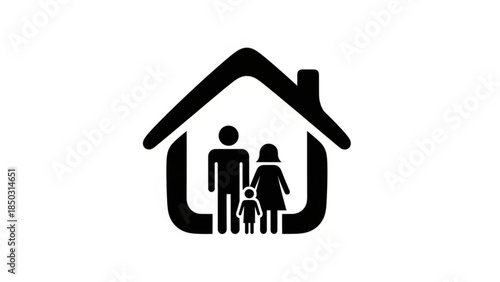 Black silhouette of a family with a dog inside a house icon