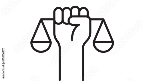 Justice and power symbol with a raised fist and scales on transparent background silhouette