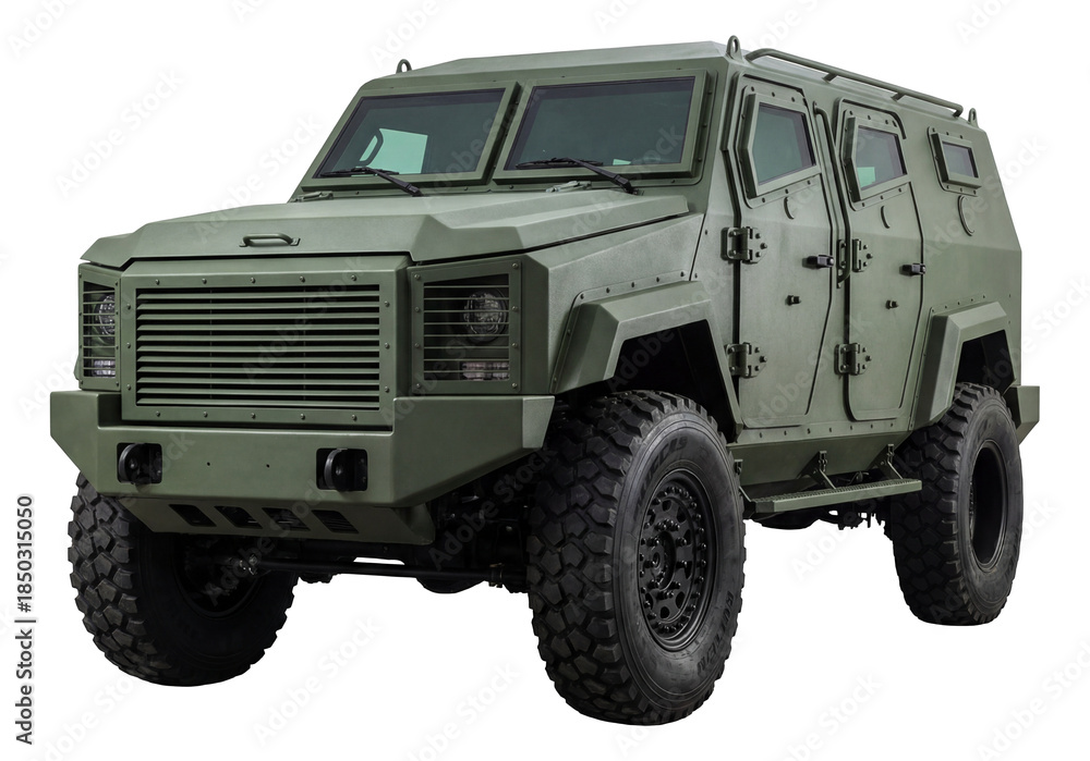 Obraz premium Armored vehicle with run-flat tires and reinforced doors for enhanced protection.