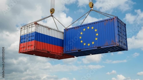 Cranes hoisting colorful boxes above clouds, Flags fluttering on metallic containers under turbulent sky