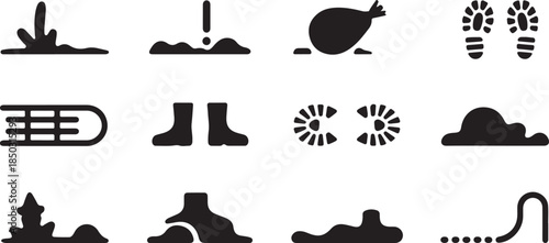 set of black silhouettes of footprints and clouds on white background