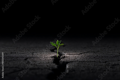a young plant emerging from cracked earth with striking lighting, clean composition, conveying an environmental message