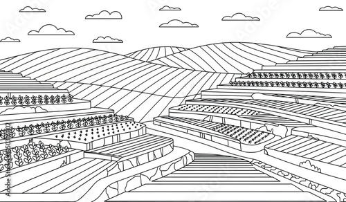 a detailed black and white line drawing depicts terraced landscapes with rolling hills fluffy clouds and architectural structures resembling ancient ruins high quality