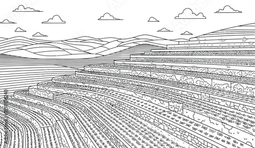 an intricate line drawing depicts a terraced landscape featuring cascading levels of fields and a distant cloudy horizon suggesting agricultural land high quality