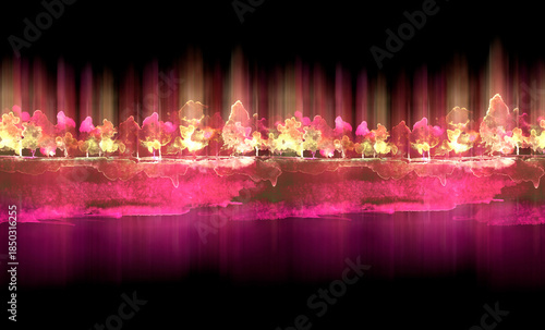 Watercolor autumn forest, silhouette of trees, bushes., Field. Country view.
Postcard, logo, card. A drawing with a reflection of a tree in the water and a glow, blurred. A trendy trend