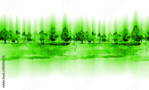 Watercolor autumn forest, silhouette of trees, bushes., Field. Country view.
Postcard, logo, card. A drawing with a reflection of a tree in the water and a glow, blurred. A trendy trend