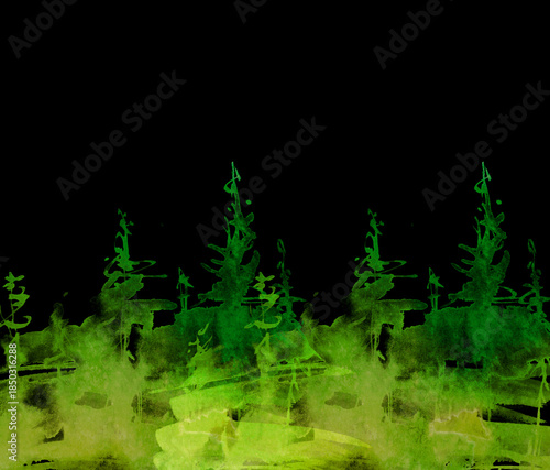 Watercolor autumn forest, silhouette of trees, bushes., Field. Country view.
Postcard, logo, card. A drawing with a reflection of a tree in the water and a glow, blurred. A trendy trend