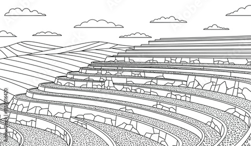 An illustrative black and white landscape depicts terraced fields leading towards distant layered hills under a cloudy sky offering a serene view