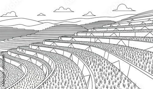 this intricate line art depicts a terraced landscape with layers of fields stretching towards distant mountains and fluffy clouds above high quality professional