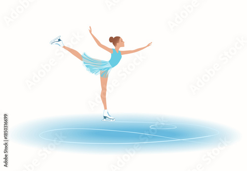 Elegant Figure Skater in blue dress performing graceful Arabesque Spiral  on textured ice rink surface with skate tracks.