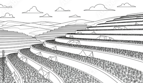 A detailed illustration depicts terraced rice paddies cascading down a hillside under a cloudy sky showcasing agricultural beauty high quality professional modern elegant