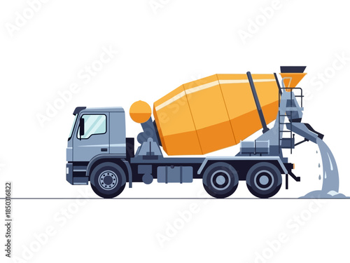 Concrete mixer truck pouring liquid cement on white background.