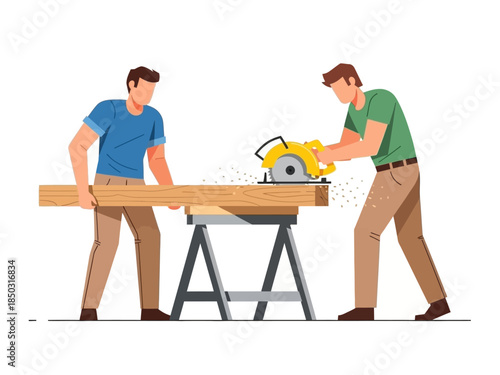 Two men working together cutting wood with a circular saw.