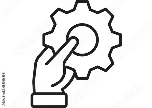 Hand pressing a gear mechanism simple line icon on transparent background silhouette