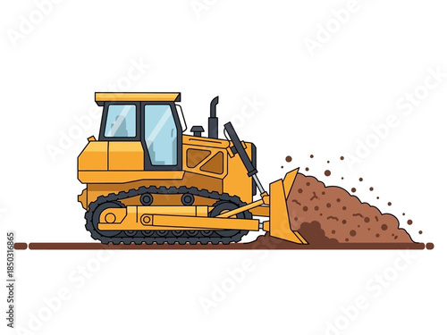 Yellow Bulldozer Pushing Dirt on Construction Site.