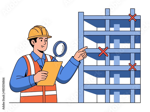 Construction worker inspecting building structure with magnifying glass and clipboard.