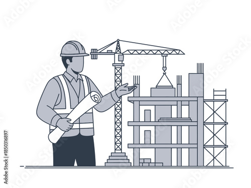 Construction worker holding blueprints at building site with crane.