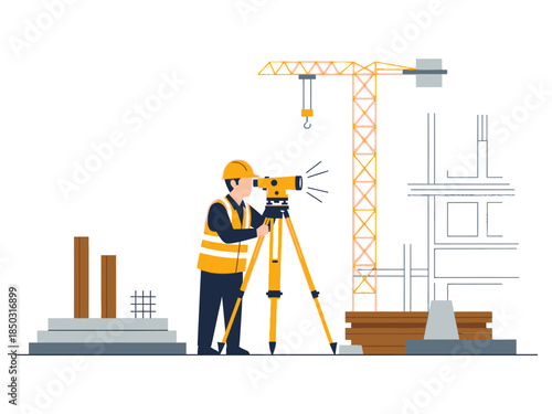 Construction Worker Operating Theodolite on Building Site.