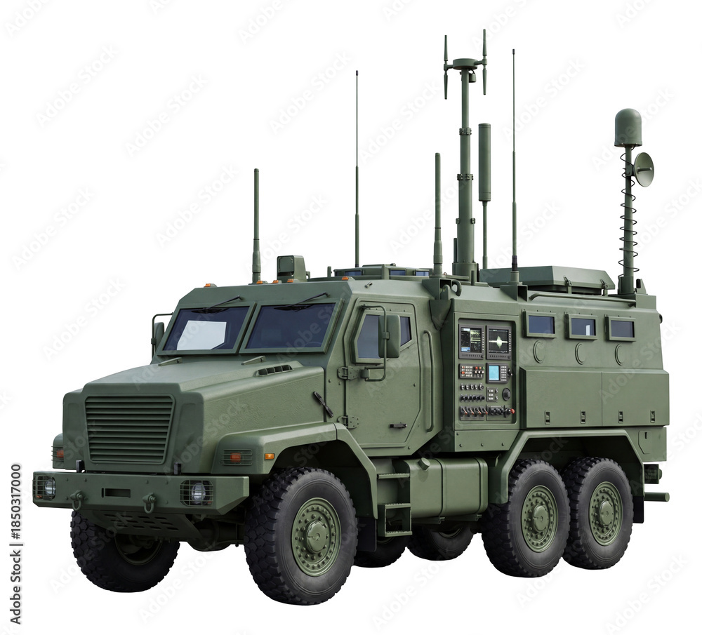 Obraz premium Command vehicle equipped with communication masts and control panels.